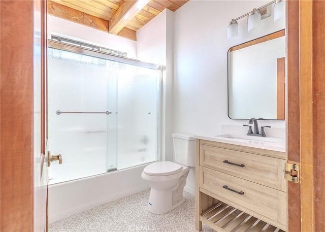 full bathroom featuring beamed ceiling, shower / bath combination with glass door, tile patterned flooring, vanity, and toilet