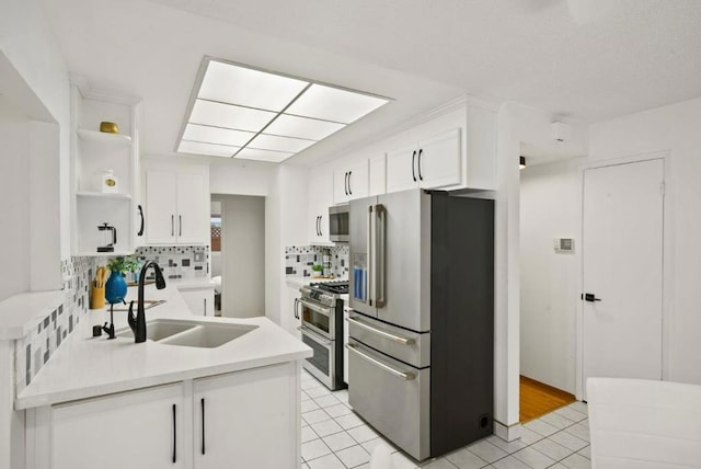 kitchen with stainless steel appliances, sink, decorative backsplash, and white cabinets