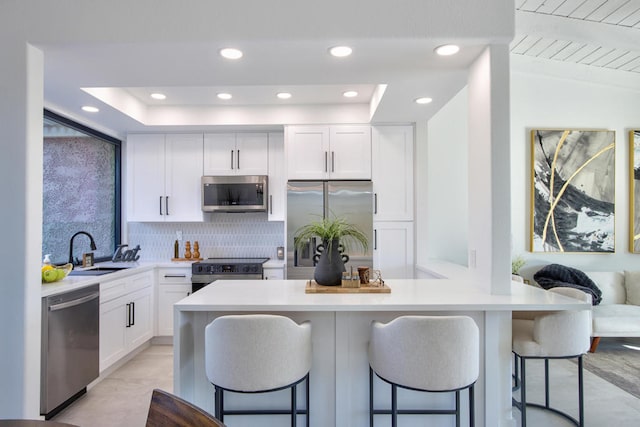 kitchen with sink, white cabinetry, a kitchen breakfast bar, a raised ceiling, and stainless steel appliances