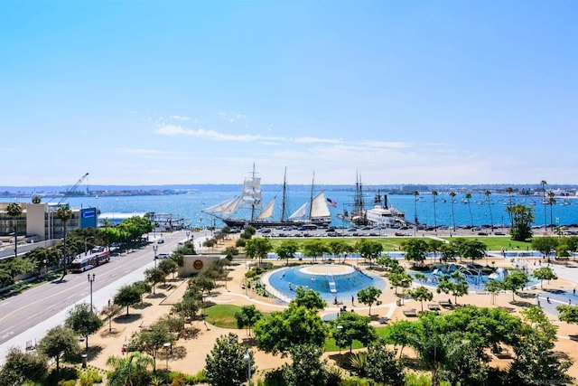 birds eye view of property featuring a water view