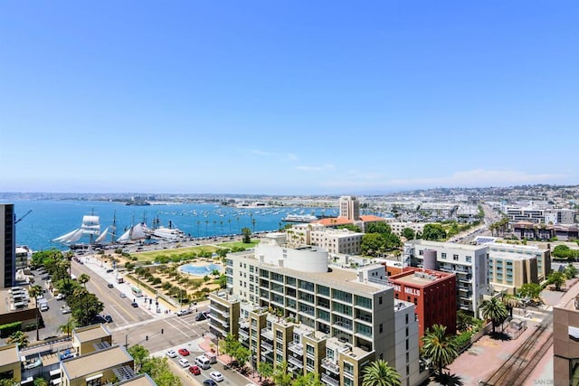 drone / aerial view featuring a water view