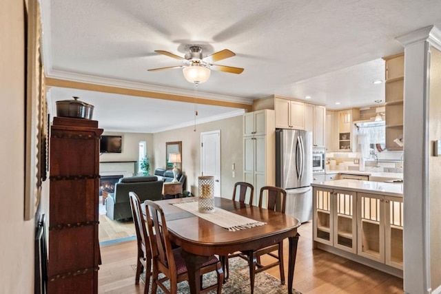 dining space featuring ceiling fan, ornamental molding, sink, and light wood-type flooring