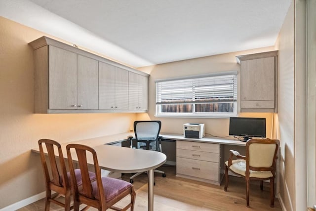 office area featuring built in desk and light hardwood / wood-style floors