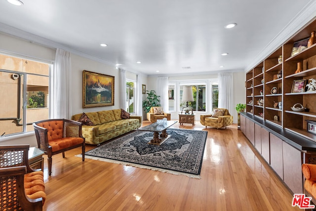 living room with crown molding and light wood-type flooring