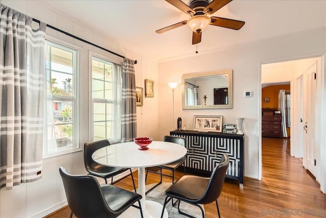 dining area with ceiling fan and wood-type flooring