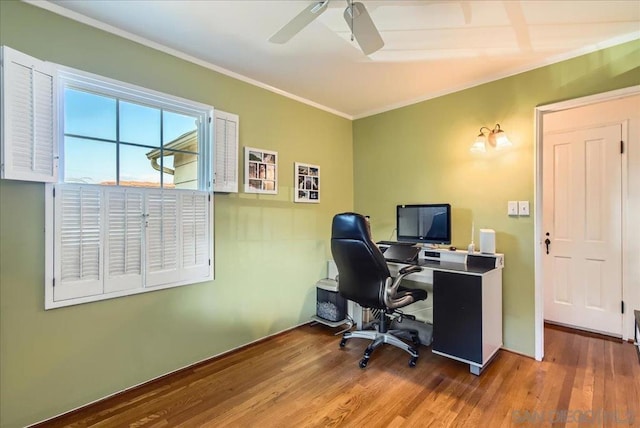 office space with hardwood / wood-style floors, ornamental molding, and ceiling fan