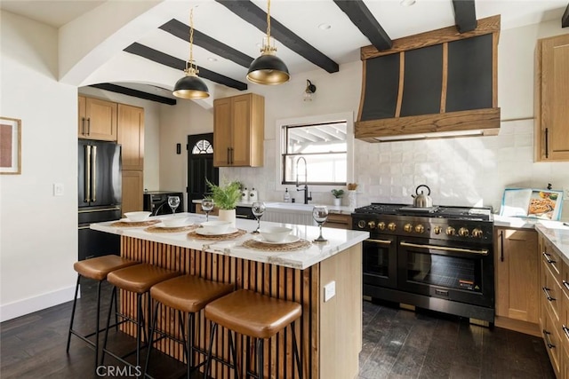 kitchen featuring tasteful backsplash, high quality appliances, dark wood-type flooring, and a kitchen island