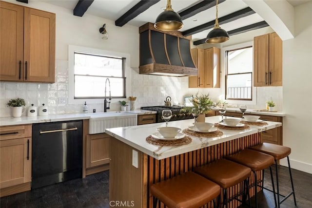 kitchen featuring decorative light fixtures, sink, dishwashing machine, custom exhaust hood, and a center island