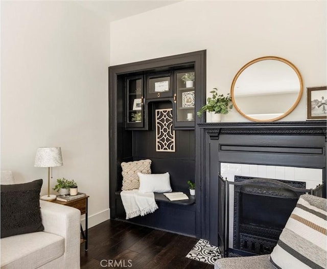 living area featuring dark wood-type flooring