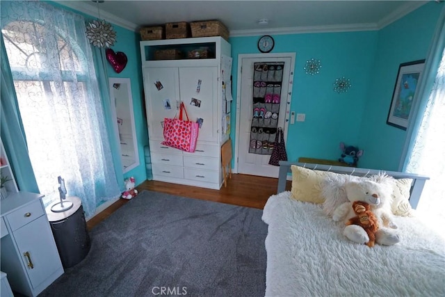 bedroom featuring multiple windows, wood finished floors, and ornamental molding