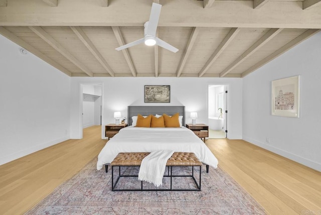 bedroom with hardwood / wood-style floors, lofted ceiling with beams, and ceiling fan