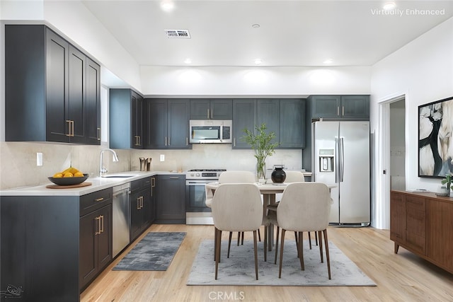 kitchen featuring tasteful backsplash, sink, light hardwood / wood-style flooring, and stainless steel appliances