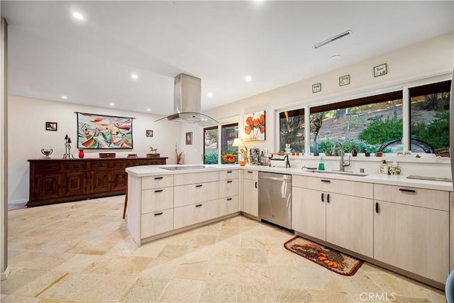 kitchen with sink, black electric stovetop, island range hood, stainless steel dishwasher, and kitchen peninsula