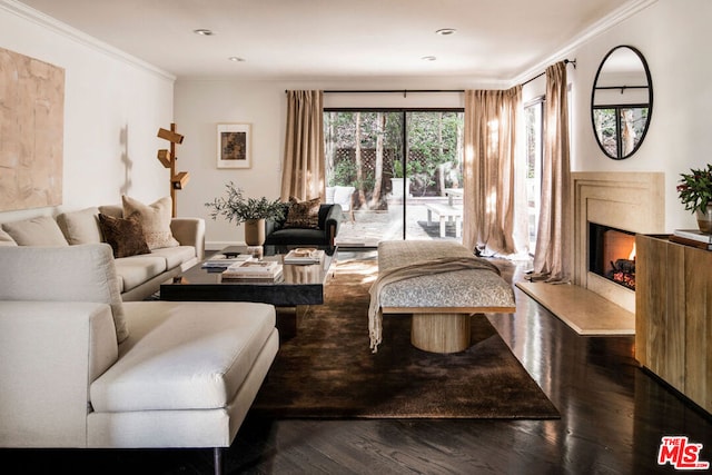 living room with dark hardwood / wood-style flooring, a fireplace, and ornamental molding