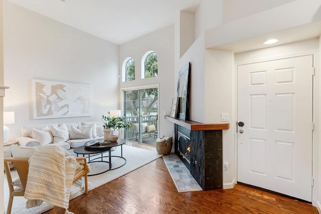 living room featuring dark hardwood / wood-style floors and a towering ceiling