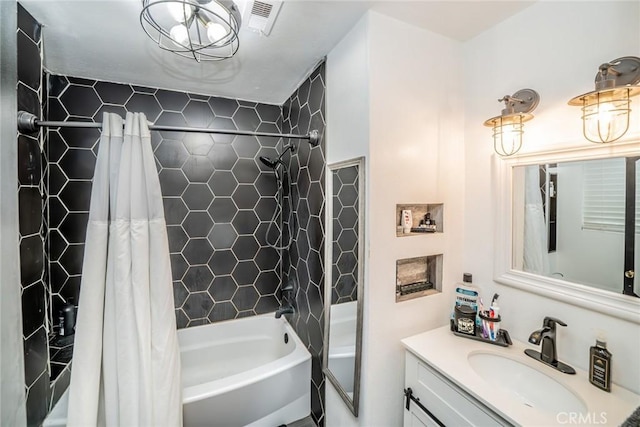 bathroom with vanity and shower / bathtub combination with curtain