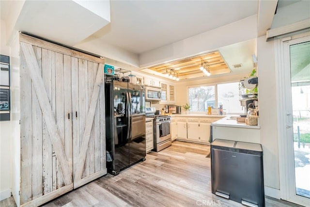 kitchen featuring stainless steel appliances and light hardwood / wood-style floors