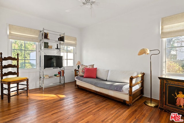 living room featuring dark wood-type flooring and ceiling fan