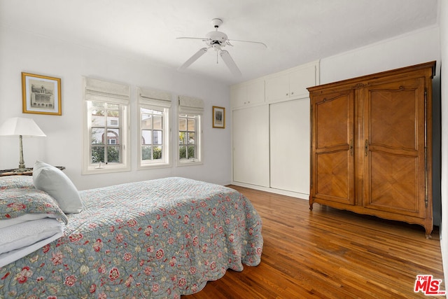 bedroom with hardwood / wood-style floors, a closet, and ceiling fan