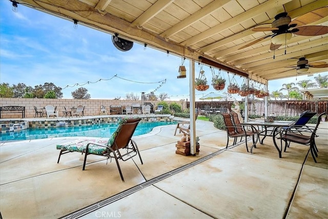 view of patio / terrace with a ceiling fan, a fenced in pool, outdoor dining area, and a fenced backyard