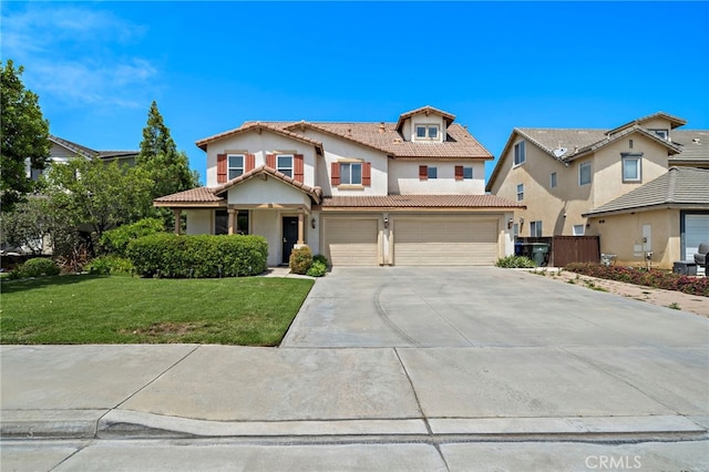 8015 Ralston Pl, Riverside, CA 92508 - traditional-style house featuring a garage, stucco siding, driveway, a tiled roof, and a front yard