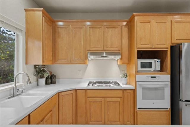 kitchen with appliances with stainless steel finishes, sink, and light brown cabinets