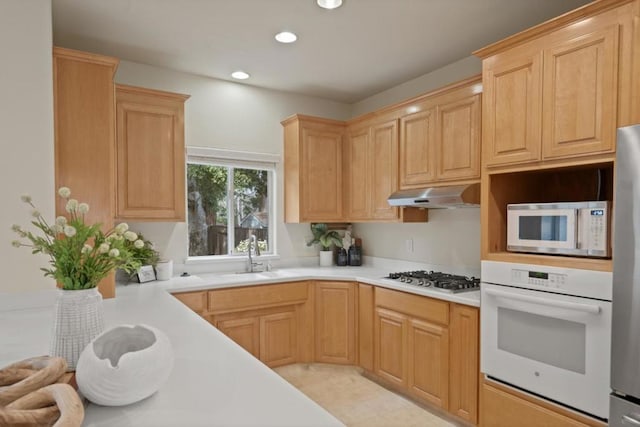 kitchen with stainless steel appliances, sink, and light brown cabinetry