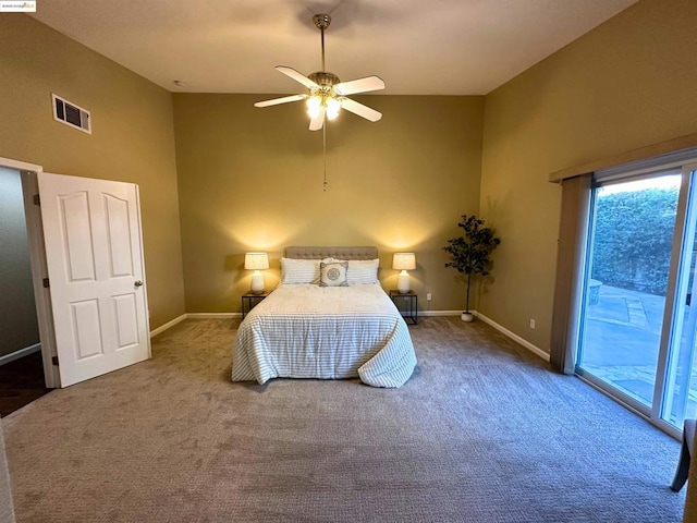 carpeted bedroom featuring ceiling fan, access to exterior, and high vaulted ceiling