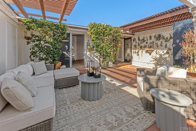 view of patio / terrace with an outdoor living space, a wooden deck, and a pergola