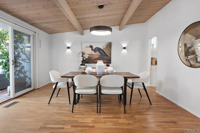 dining room with wooden ceiling, beam ceiling, and a wealth of natural light