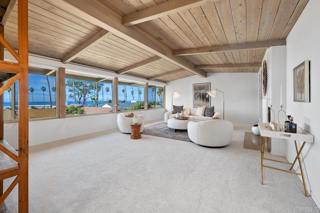 carpeted living room featuring wood ceiling, lofted ceiling with beams, and a water view