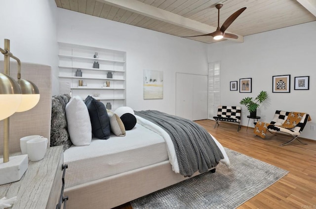 bedroom with wood ceiling, hardwood / wood-style flooring, beamed ceiling, and ceiling fan