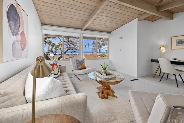 8348 Paseo Del Ocaso Ln, Jolla, CA 92037 - carpeted living room featuring visible vents, wood ceiling, and vaulted ceiling with beams