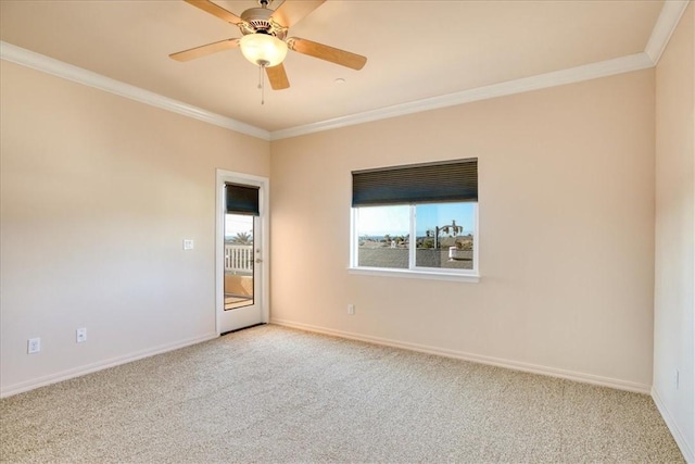 empty room with light carpet, crown molding, and ceiling fan