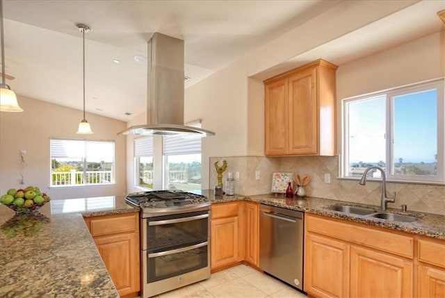 kitchen featuring pendant lighting, sink, appliances with stainless steel finishes, backsplash, and island exhaust hood