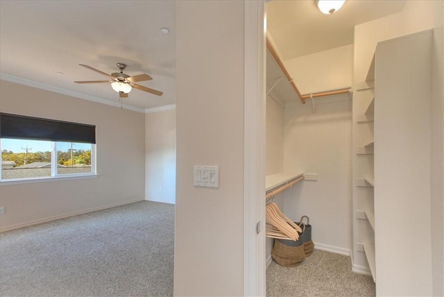 spacious closet featuring light colored carpet and ceiling fan