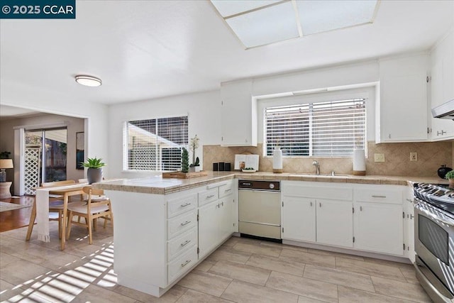 kitchen featuring sink, white cabinetry, backsplash, stainless steel electric range oven, and kitchen peninsula