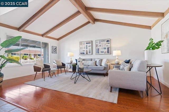 living room with lofted ceiling with beams and wood-type flooring