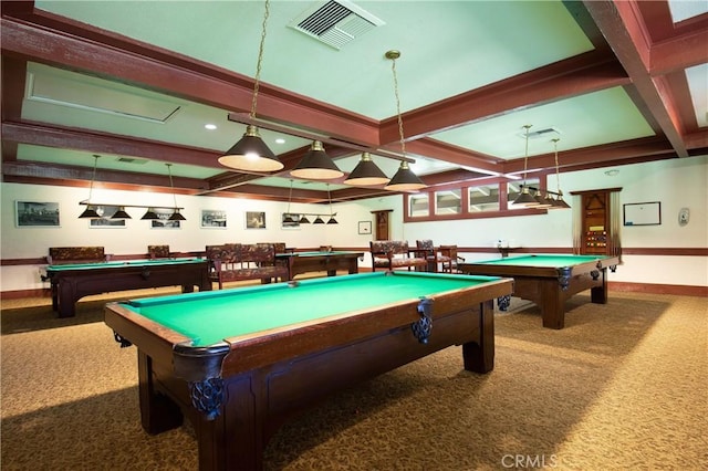 game room with carpet, coffered ceiling, pool table, and beam ceiling