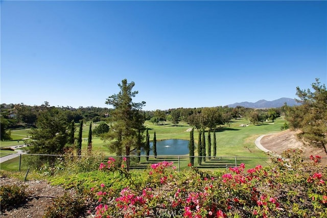 view of community featuring a water and mountain view and a lawn