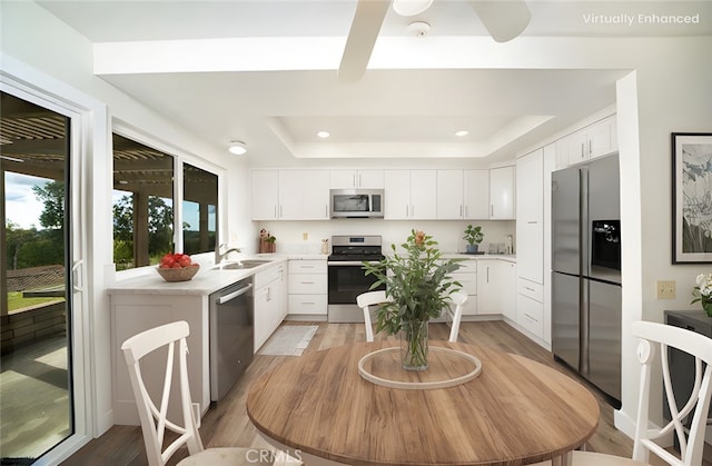 kitchen featuring white cabinetry, stainless steel appliances, and a raised ceiling