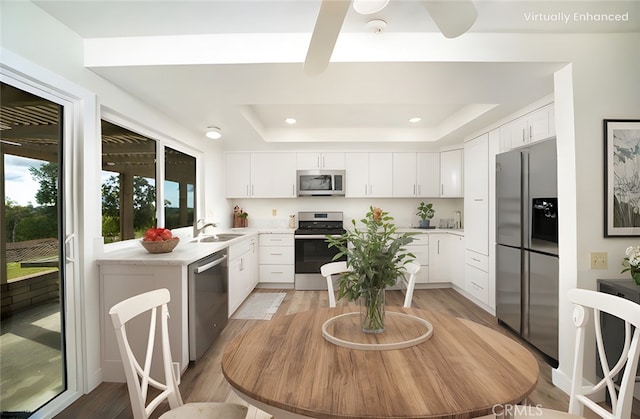 kitchen with white cabinets, stainless steel appliances, light countertops, and a raised ceiling