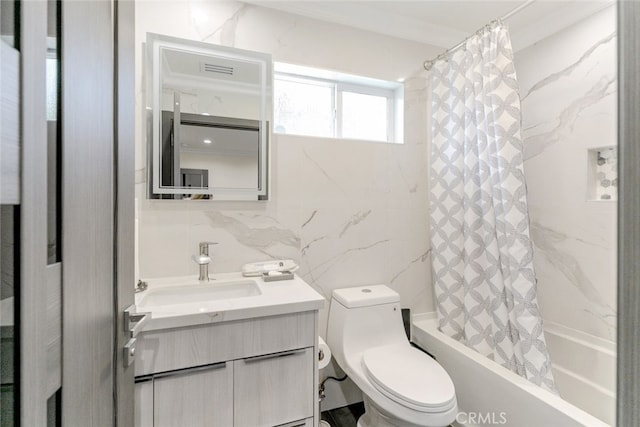 full bathroom featuring shower / tub combo, tile walls, vanity, decorative backsplash, and toilet