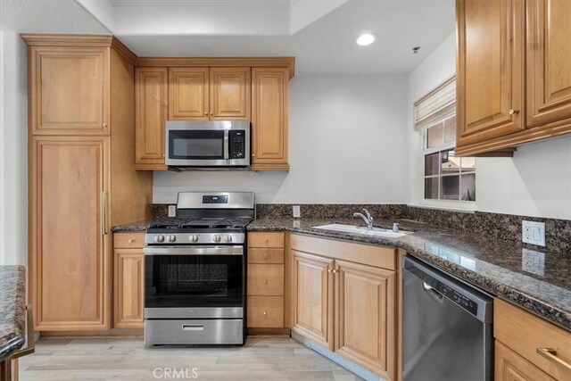 kitchen featuring sink, light hardwood / wood-style floors, dark stone counters, and appliances with stainless steel finishes