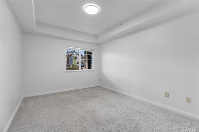 unfurnished room with light carpet and a tray ceiling