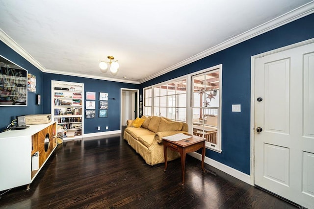 living room with ornamental molding and wood-type flooring