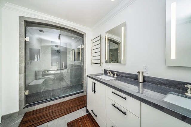 bathroom with walk in shower, vanity, and crown molding