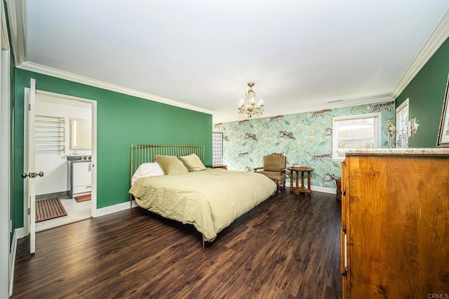 bedroom with crown molding, a notable chandelier, and dark hardwood / wood-style flooring