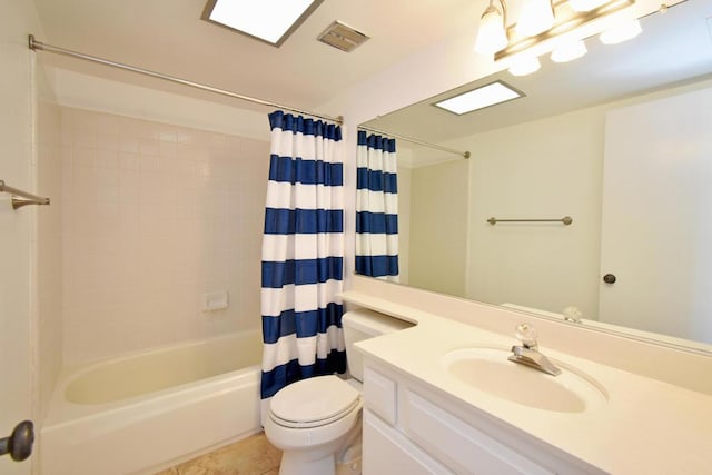 full bathroom with tile patterned flooring, vanity, shower / bathtub combination with curtain, and toilet