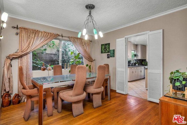 dining space featuring ornamental molding, sink, a textured ceiling, and light wood-type flooring